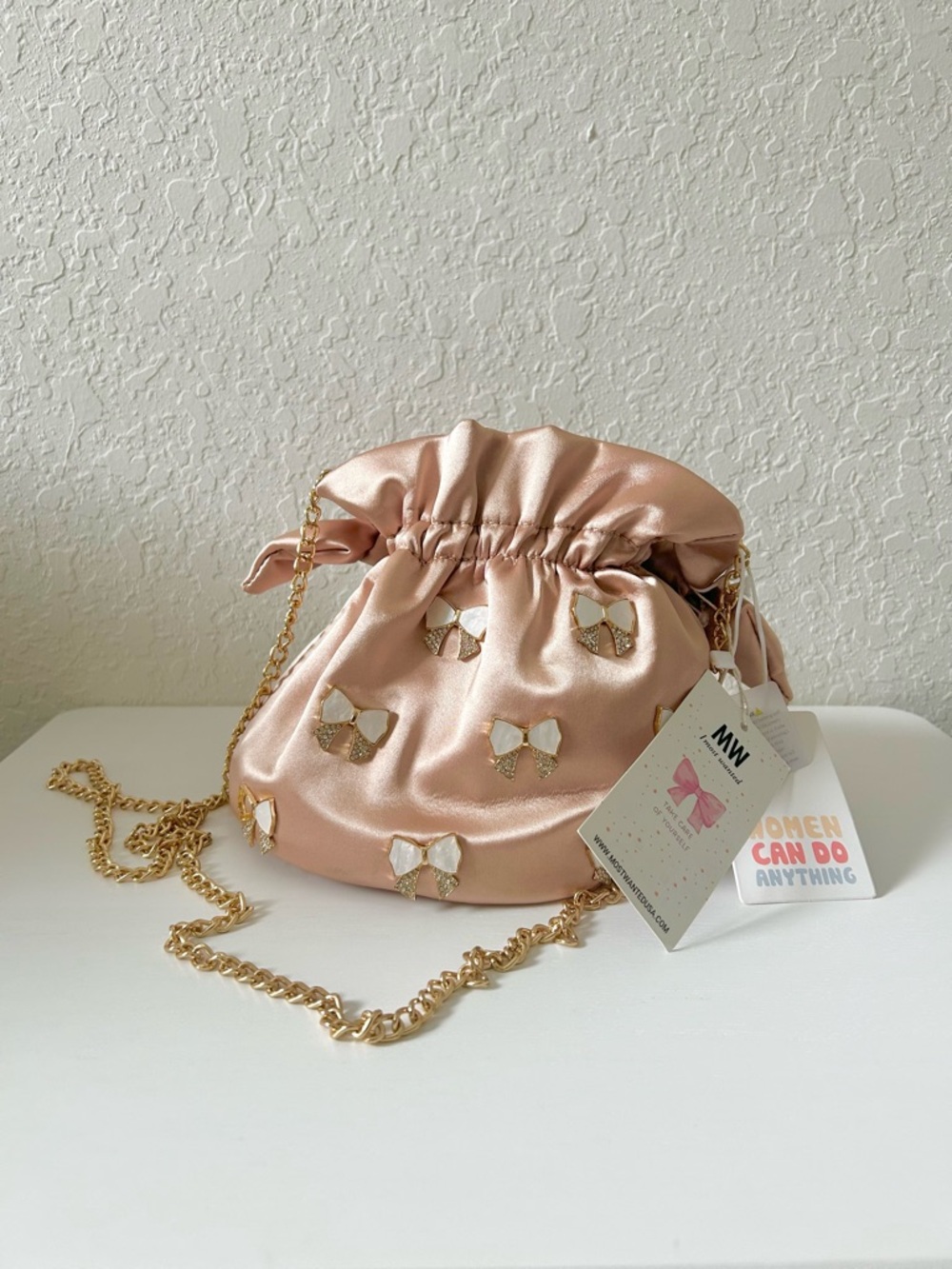 NWT Satin Bow Drawstring Crossbody Bag in Blush Pink